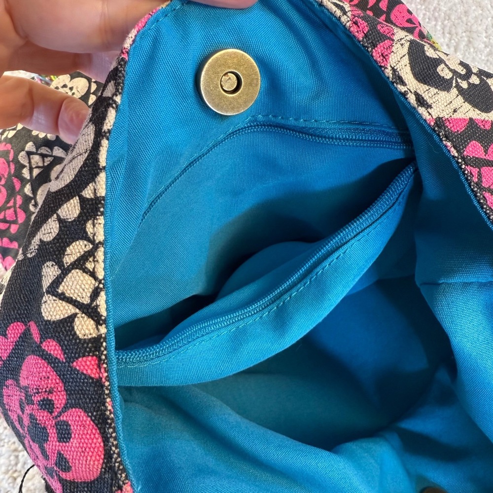 Y2K Mudd Boho Floral Print Shoulder Bag Crossbody Teal‎ Lining Snap Close Fringe - Picture 5 of 12